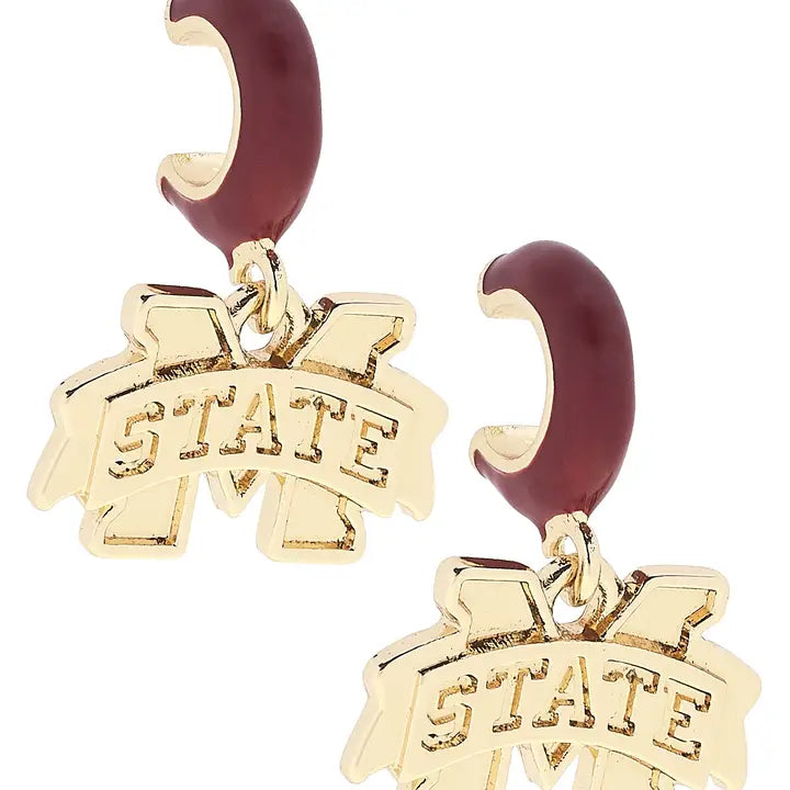 Mississippi State Gold MBanner Maroon Hoop Earrings