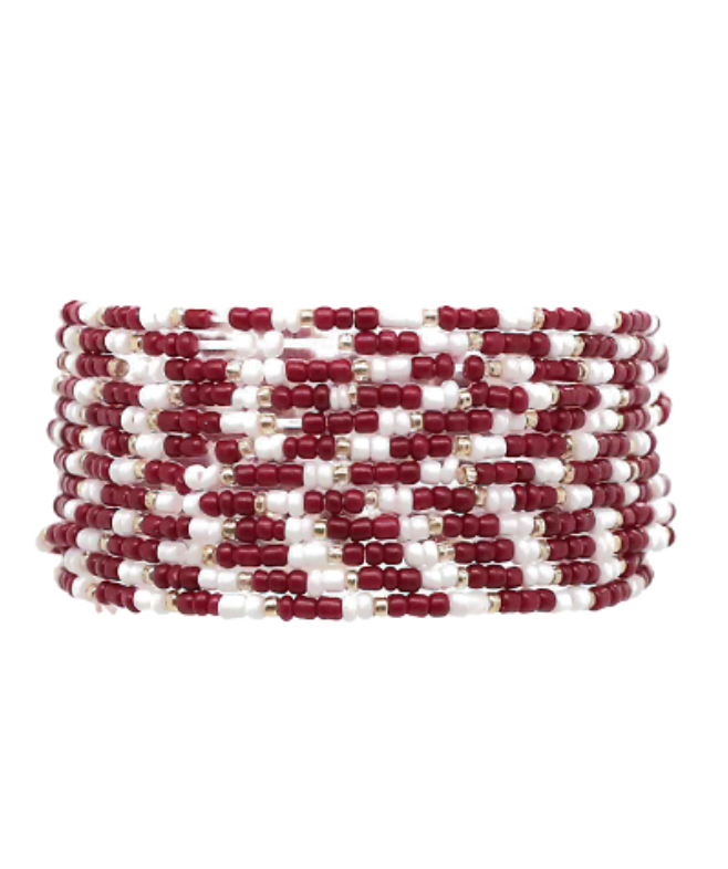 Maroon and White Beaded Bracelet Set