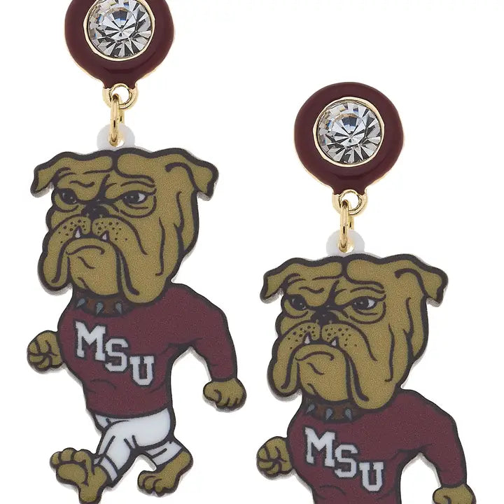 Mississippi State Bully Bulldog Resin Mascot Earrings in Maroon
