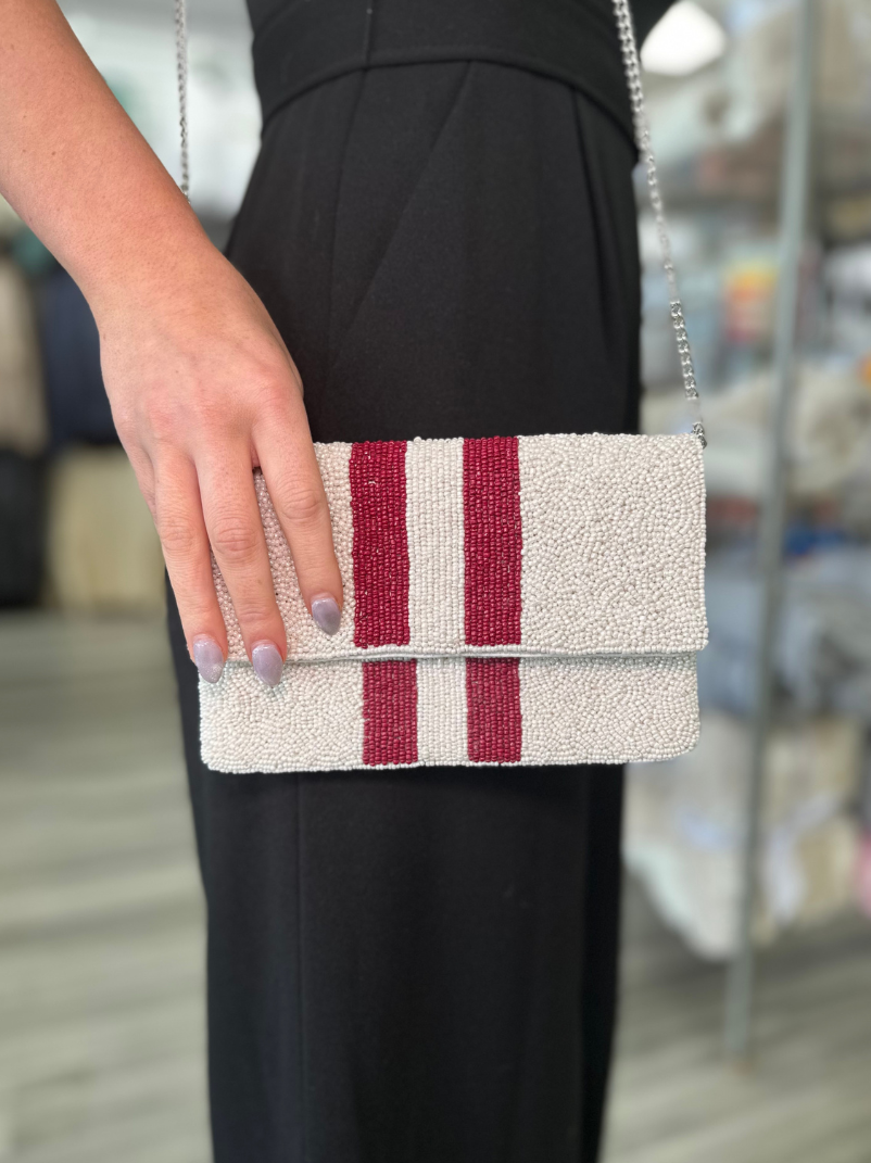 Maroon and White Beaded Clutch