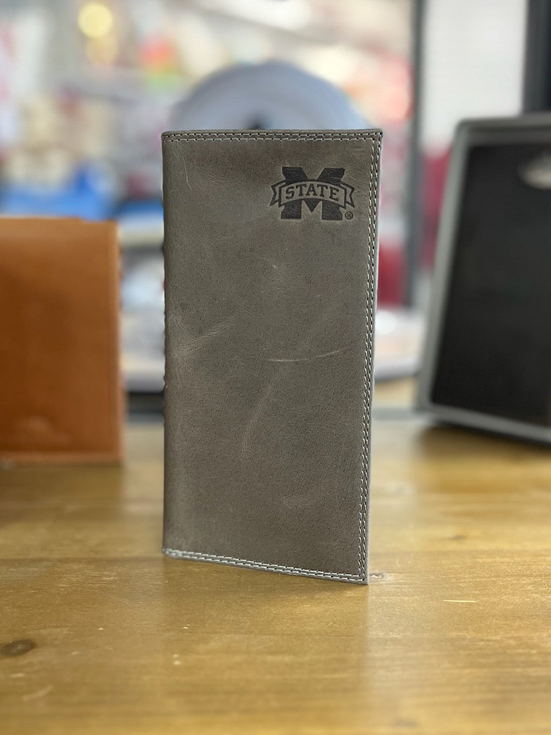 Grey Leather M Banner Debossed Wallets