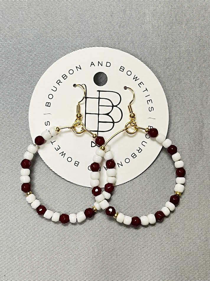 Maroon and White Beaded Hoops