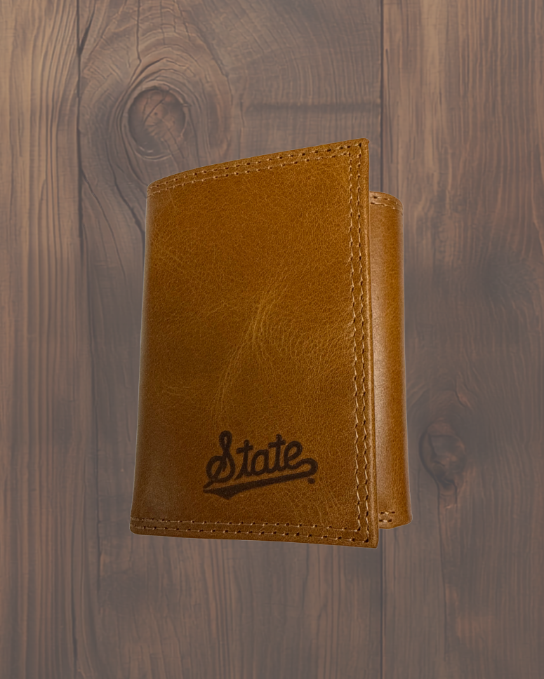Tan Leather State Script Debossed Wallets