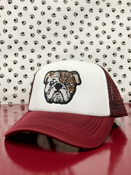 Maroon and White Sequin Bulldog Hat