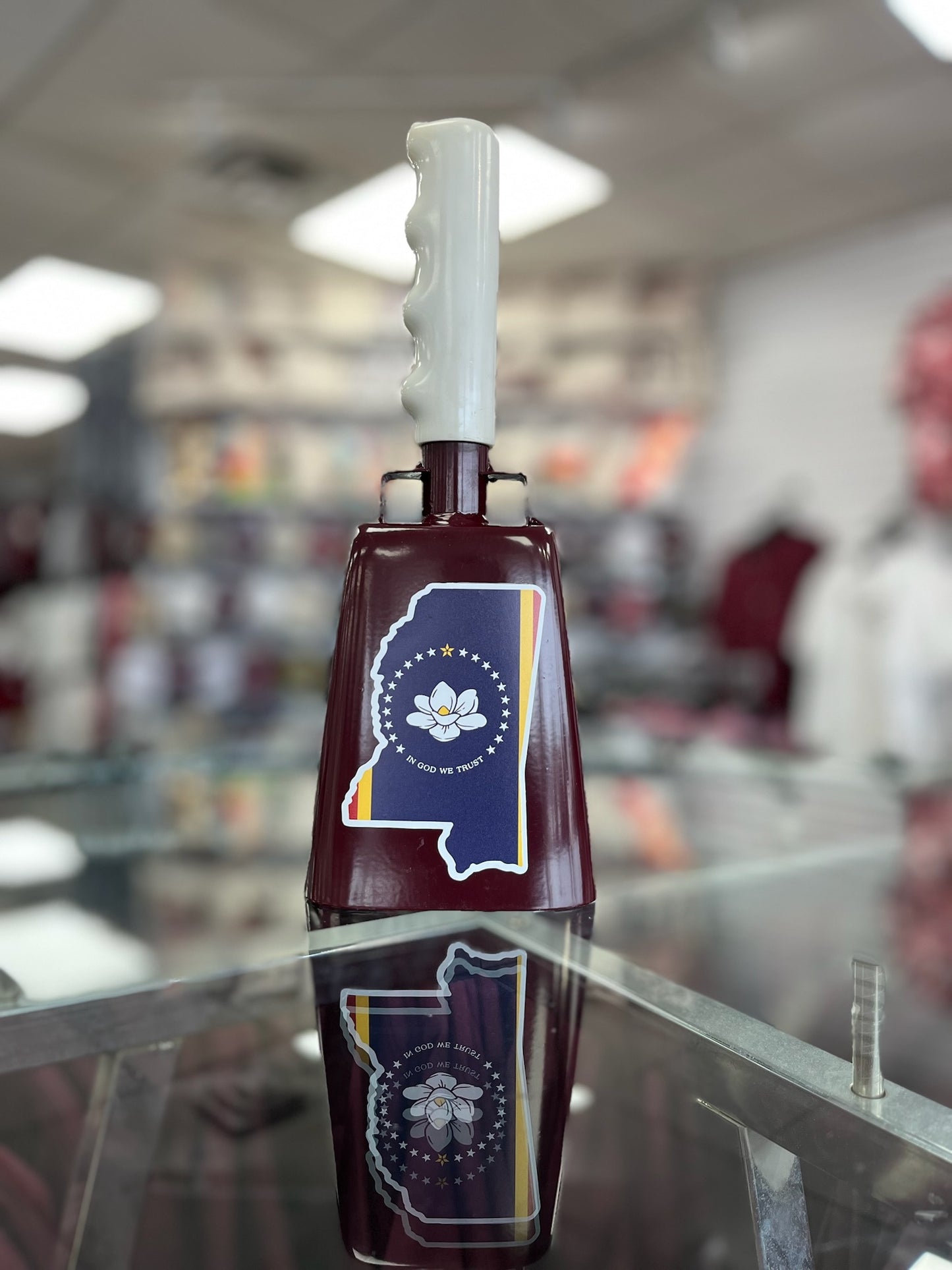 Boxed: Medium Maroon BullyBell with Mississippi Silhouette Flag Decal