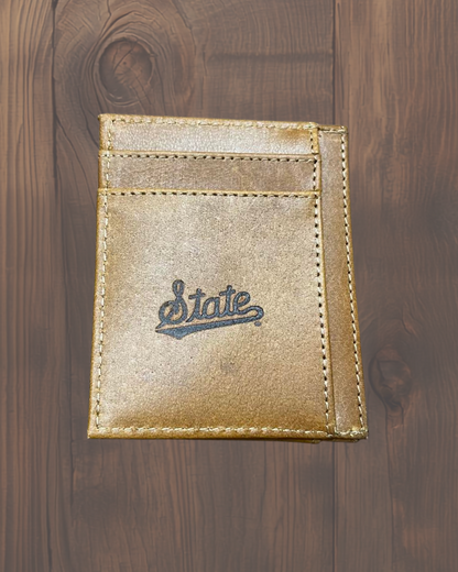 Tan Leather State Script Debossed Wallets