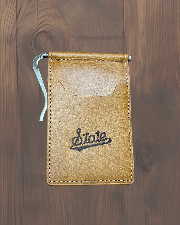 Tan Leather State Script Debossed Wallets