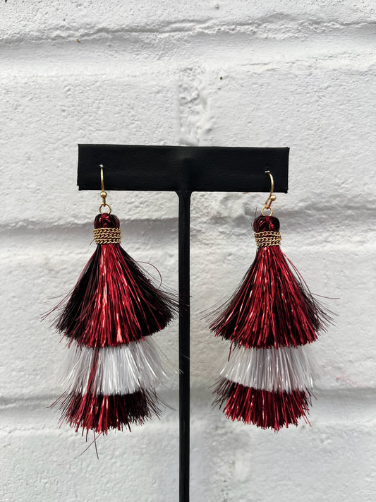 Maroon and White Tassel Earrings