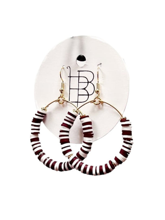 Maroon and White Beaded Hoops