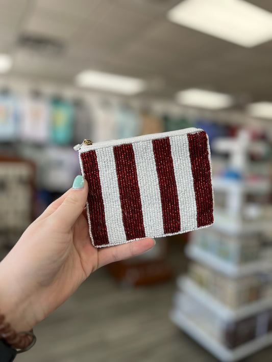 Maroon and White Beaded Pouch