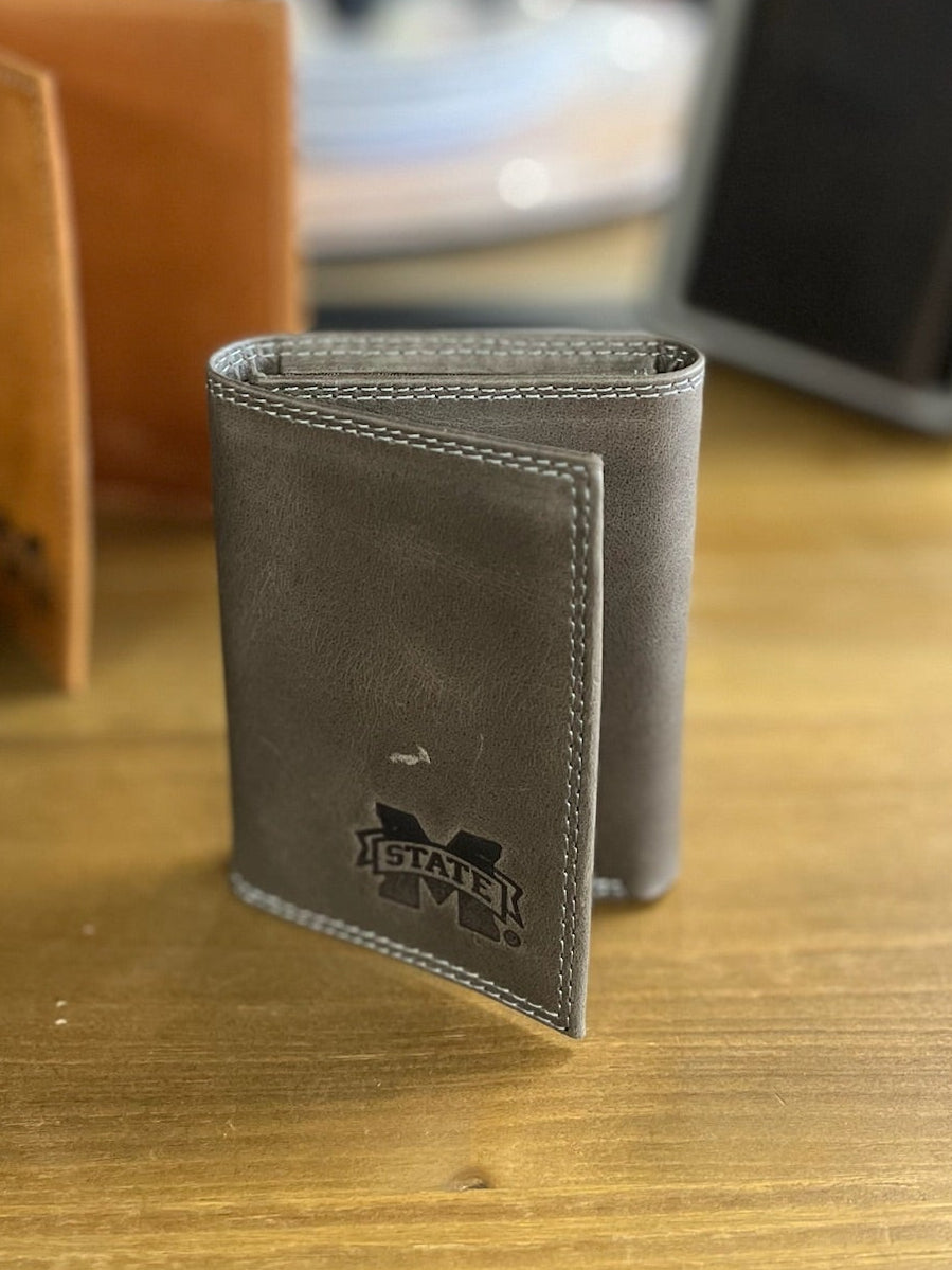 Grey Leather M Banner Debossed Wallets