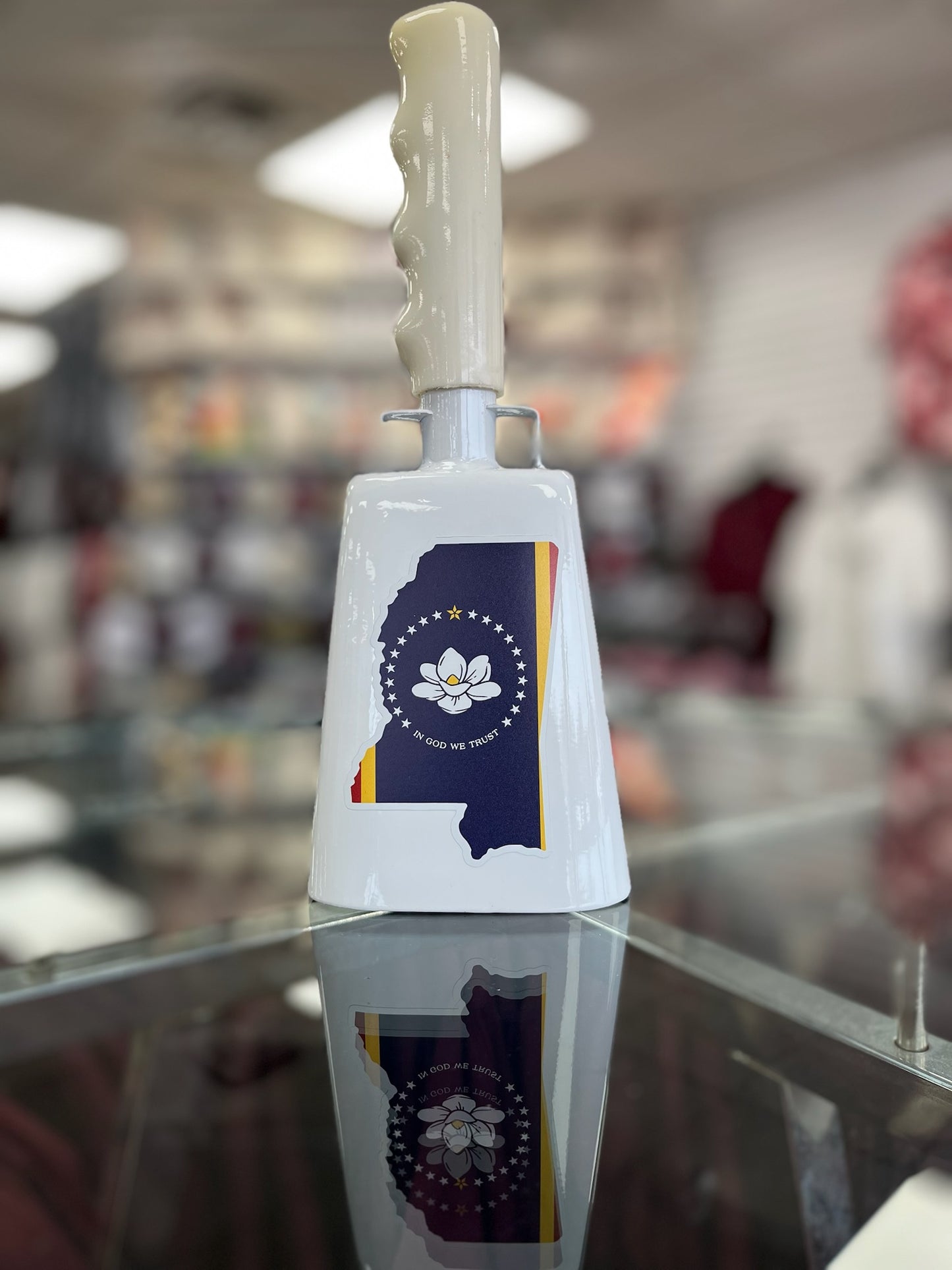 Boxed: Medium White BullyBell with Mississippi Silhouette Flag Decal