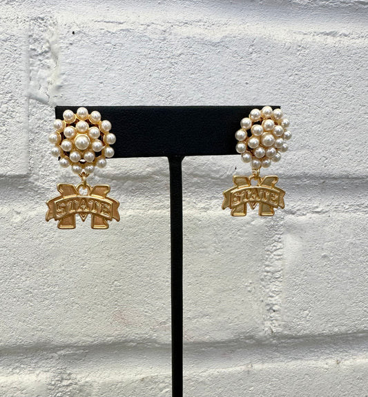 M Banner Pearl Cluster Earrings