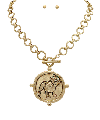 Standing Bulldog Medallion Necklace with Gold Stud Earrings