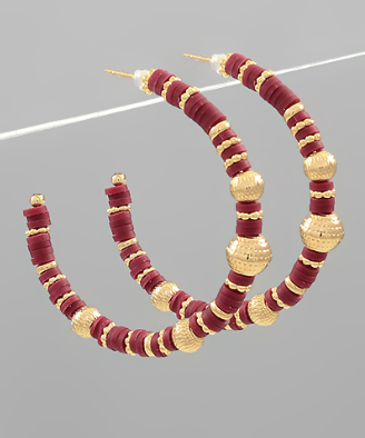 Maroon and Gold Texture Hoop Earrings