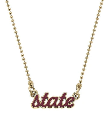 Maroon and Gold State Script Necklace