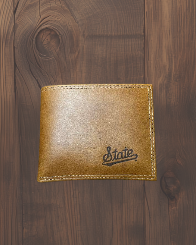 Tan Leather State Script Debossed Wallets
