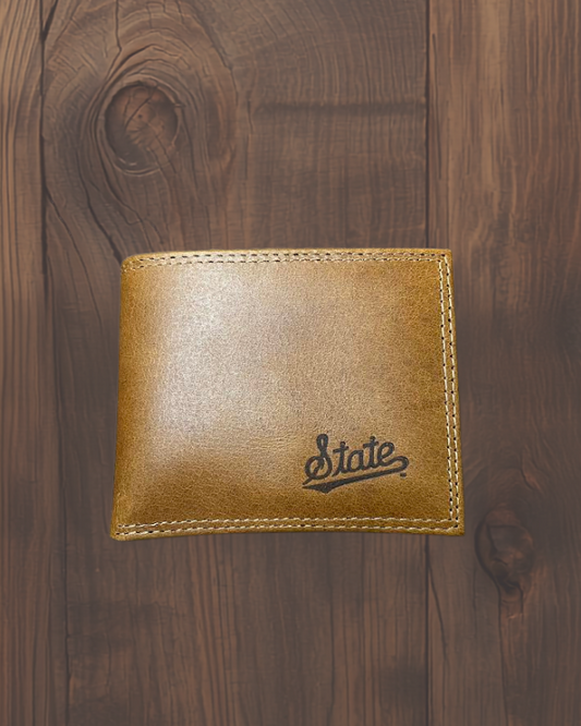 Tan Leather State Script Debossed Wallets
