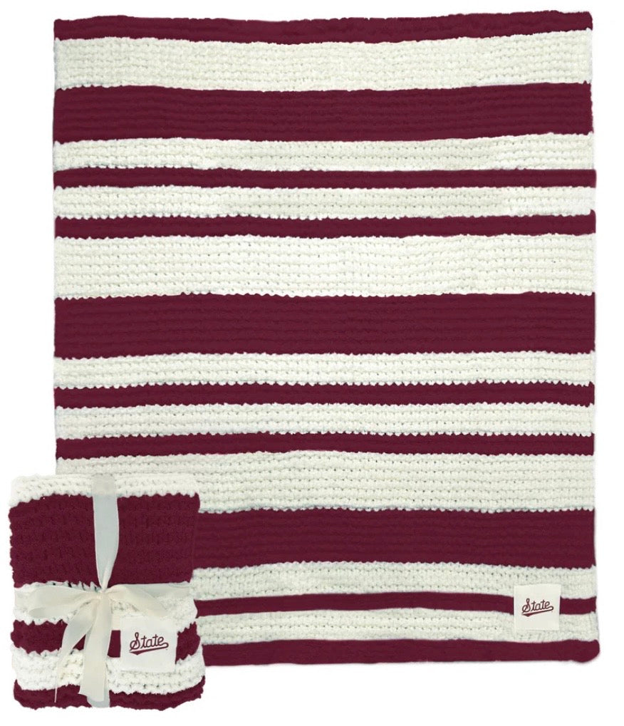 Maroon and White State Script Knit Blanket