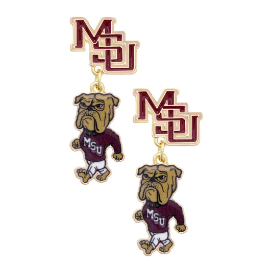 Interlocking MSU with Walking Bully Charm Earrings