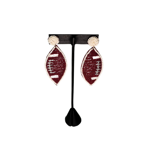 Maroon Beaded Football Earrings