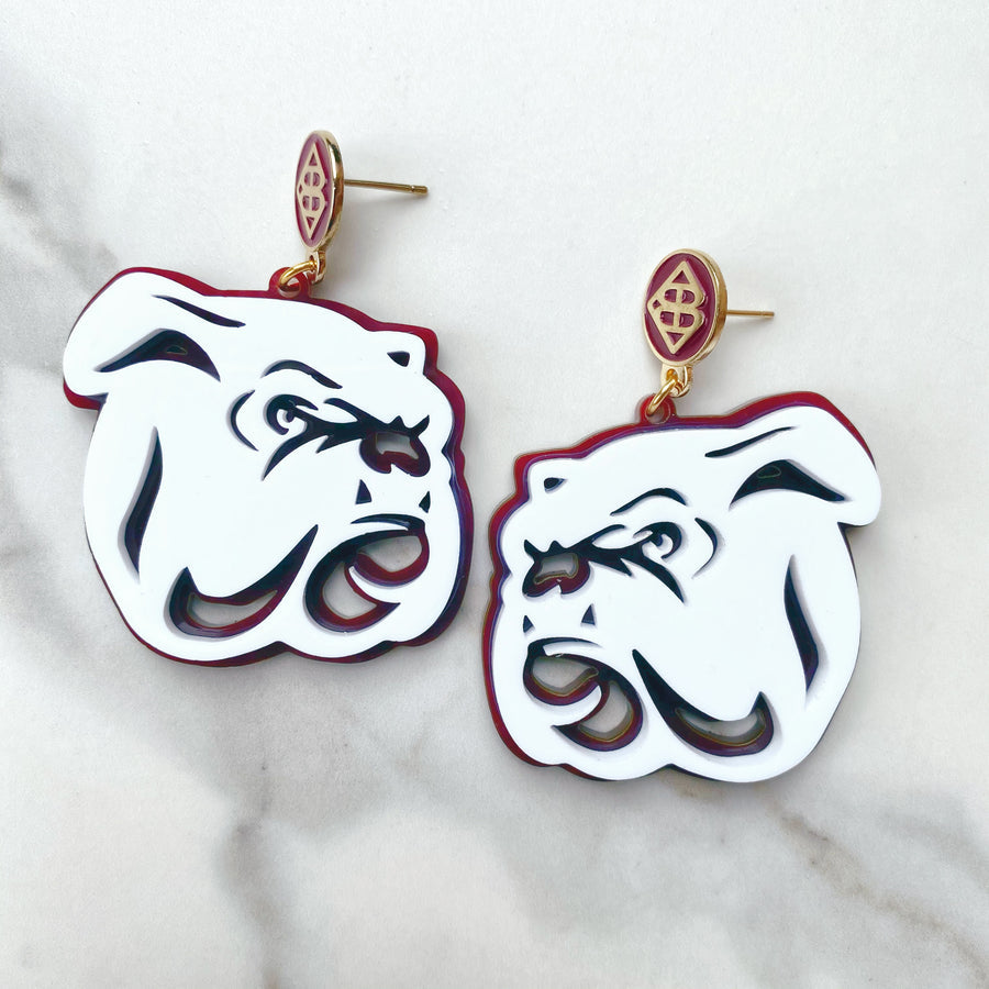White Over Maroon Acrylic Bulldog Earrings